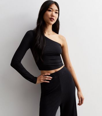 Black Ribbed One Shoulder Crop Top New Look