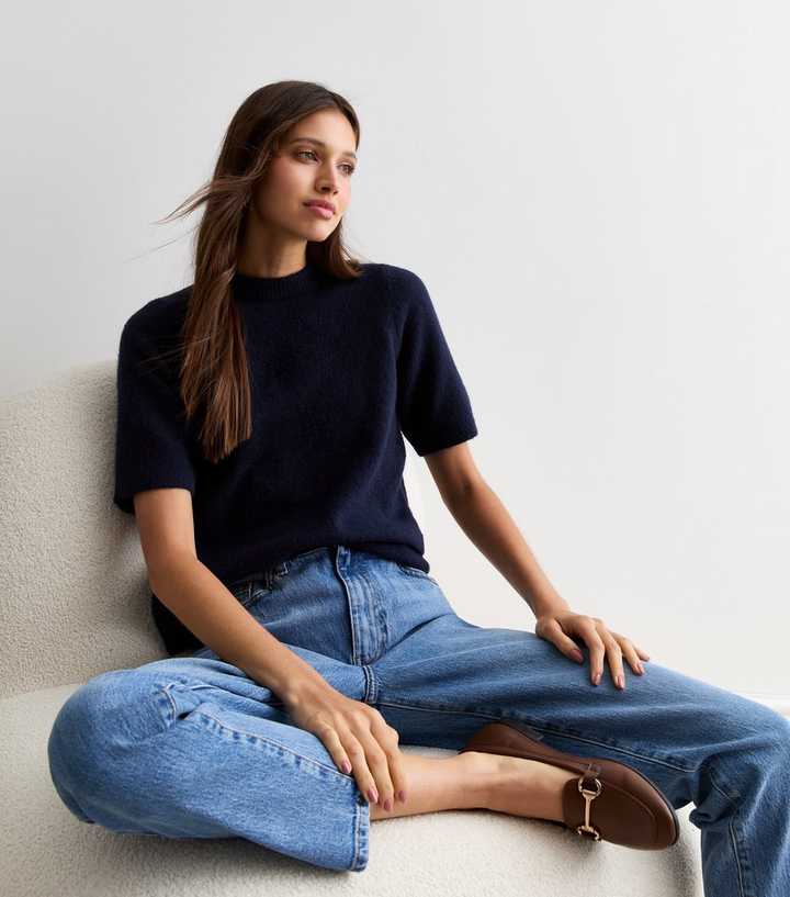 Navy Short Sleeve Knitted Top