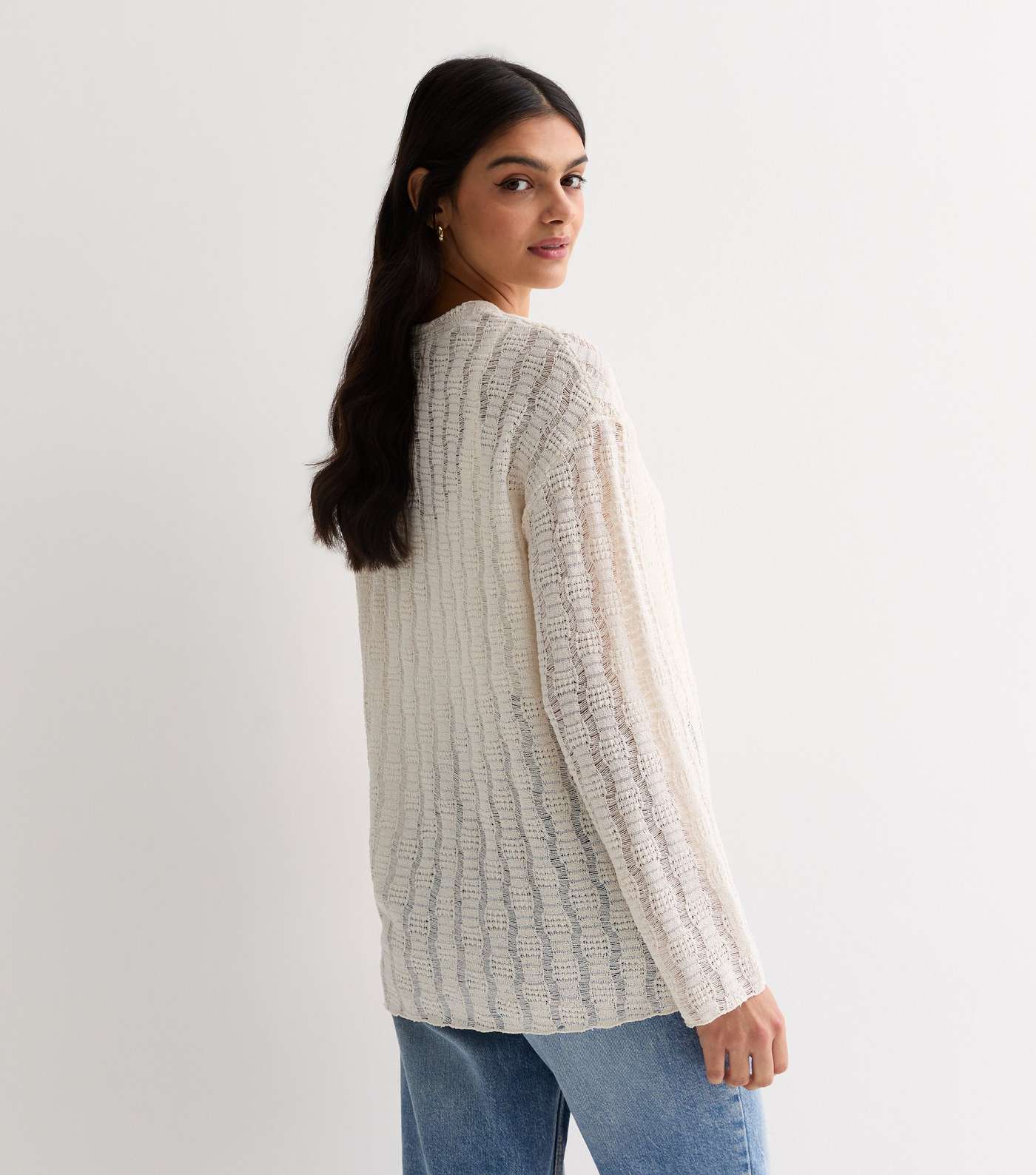 Cream Textured Knit Long Sleeve Top Image 4