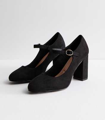 Black Suedette Mary Jane Block Heel Court Shoes