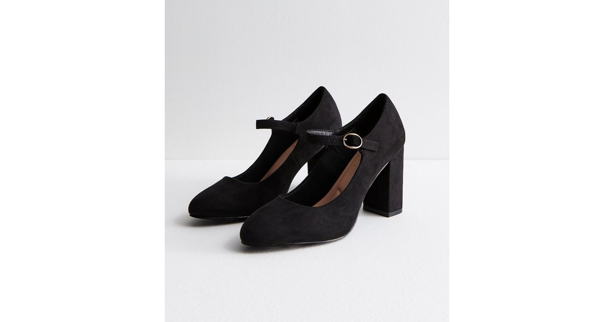 Black Suedette Mary Jane Block Heel Court Shoes | New Look