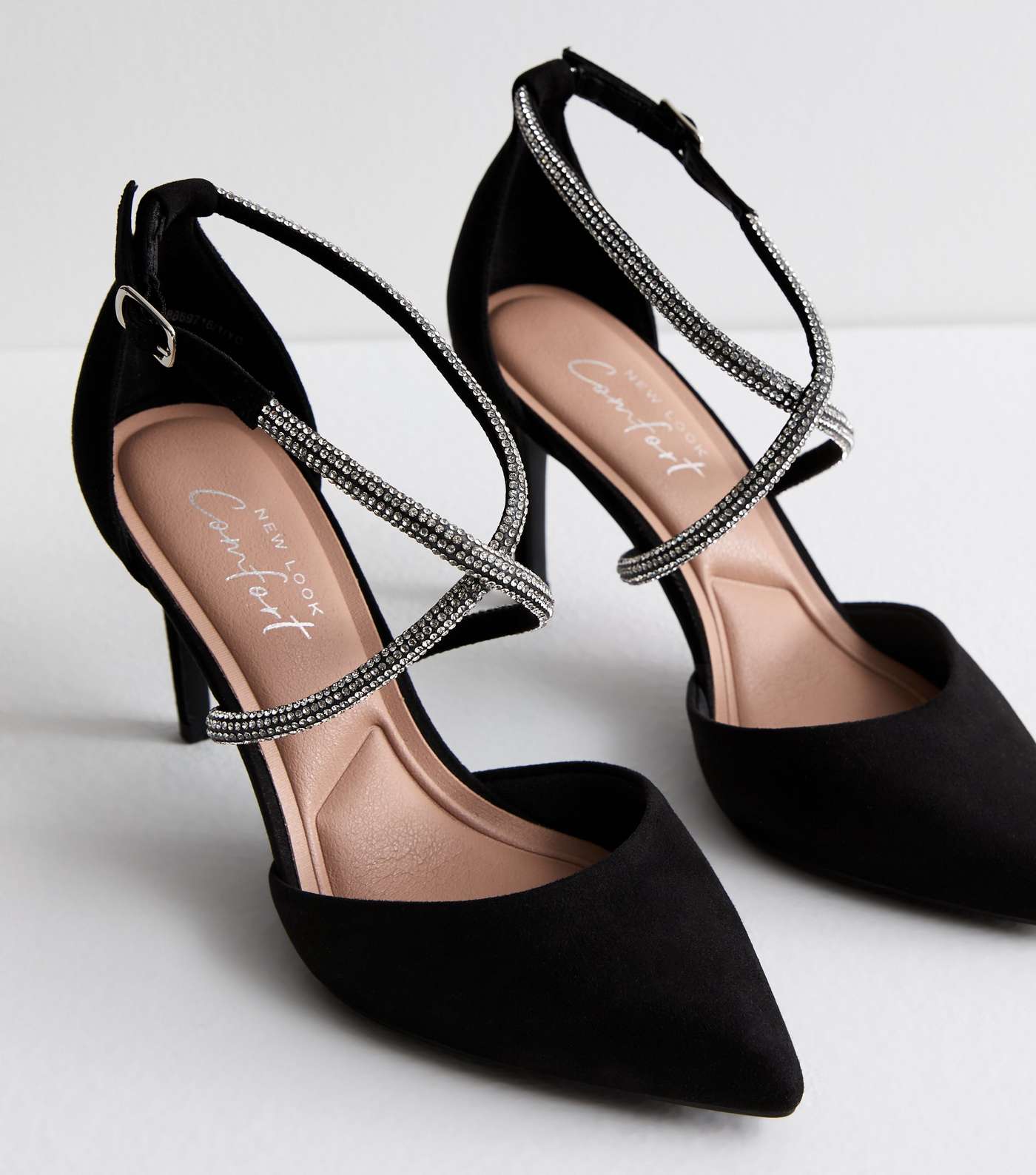 Black Suedette Diamanté Stiletto Heel Court Shoes Image 3