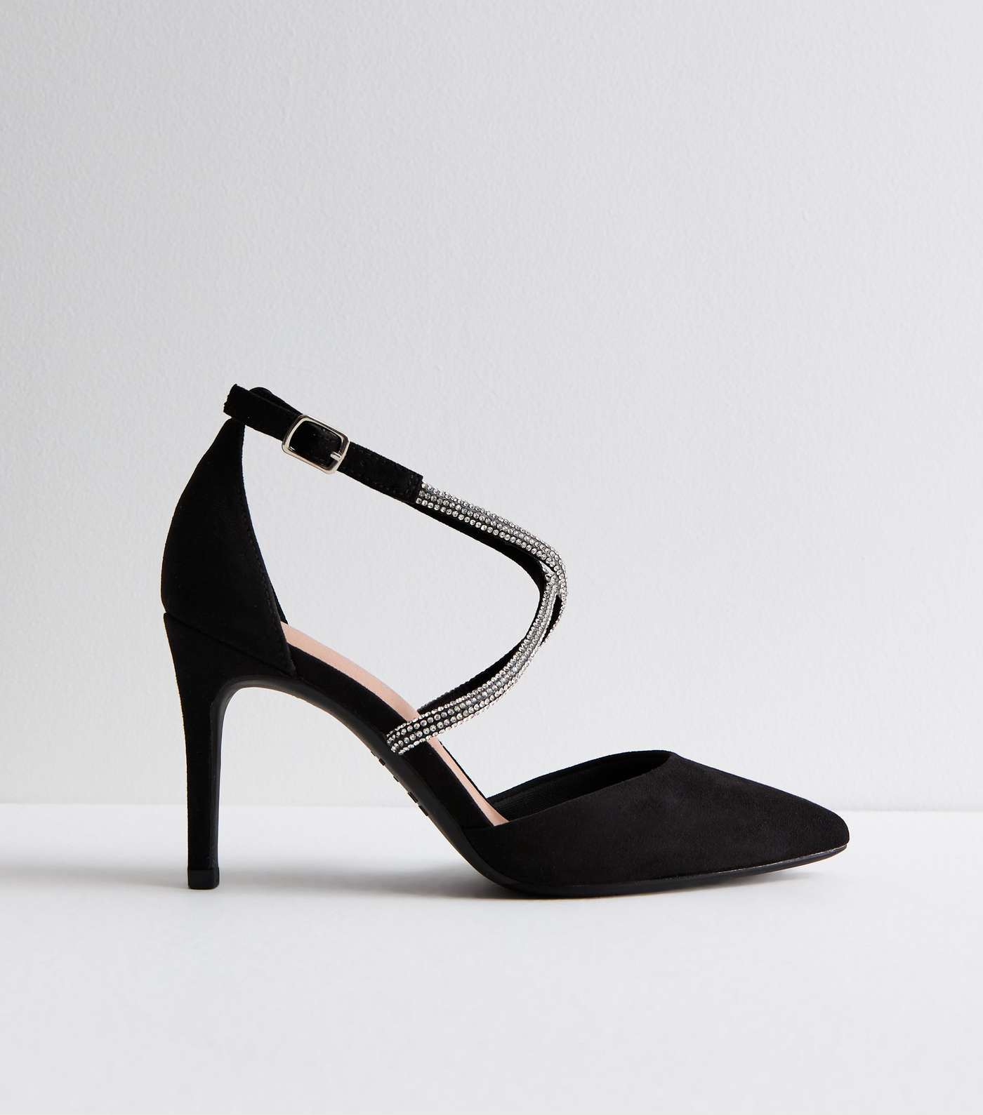 Black Suedette Diamanté Stiletto Heel Court Shoes Image 5