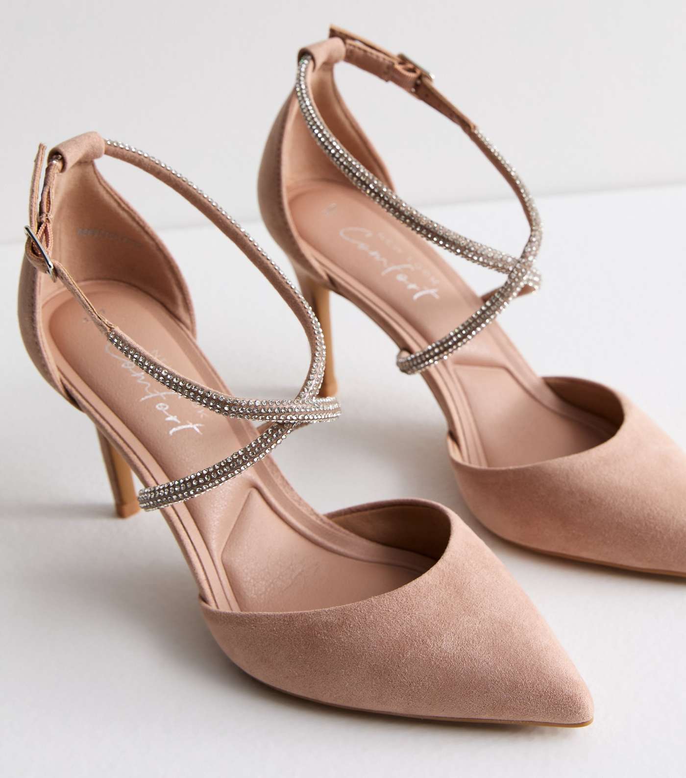 Pale Pink Suedette Diamanté Stiletto Heel Court Shoes Image 3