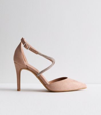 Pale Pink Suedette Diamante Stiletto Heel Court Shoes New Look