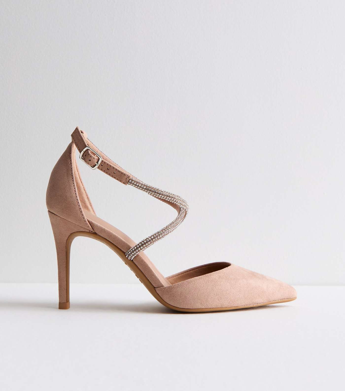 Pale Pink Suedette Diamanté Stiletto Heel Court Shoes Image 5