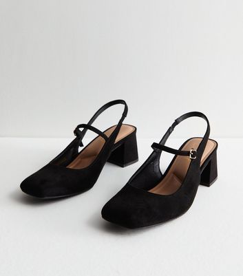 Black Suedette Slingback Block Heel Court Shoes New Look
