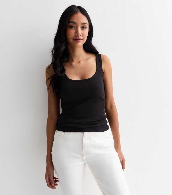 Black Ribbed Scoop Neck Trim Vest