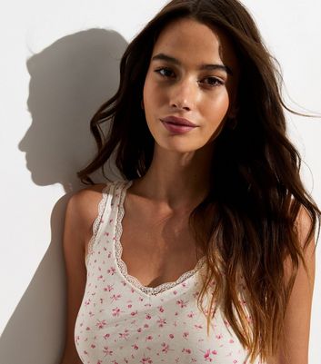 Pink Floral LaceTrim Vest Top New Look