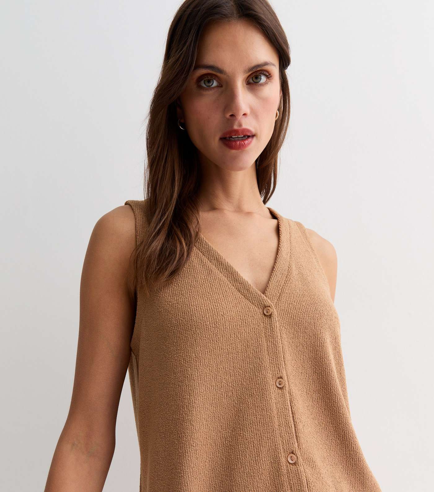 Tan Textured Fine Knit Button Front Waistcoat Image 2