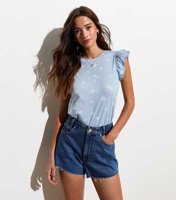 Blue Cotton Mark Making Frill Sleeve Top