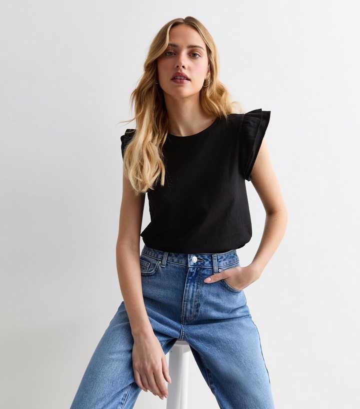 Black Cotton Frill Sleeve Top