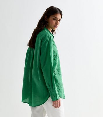 Green Cotton Broderie Front Shirt New Look