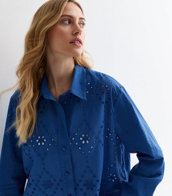 Bright Blue Cotton Broderie Front Shirt New Look