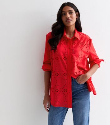 Red Cotton Broderie Front Shirt New Look