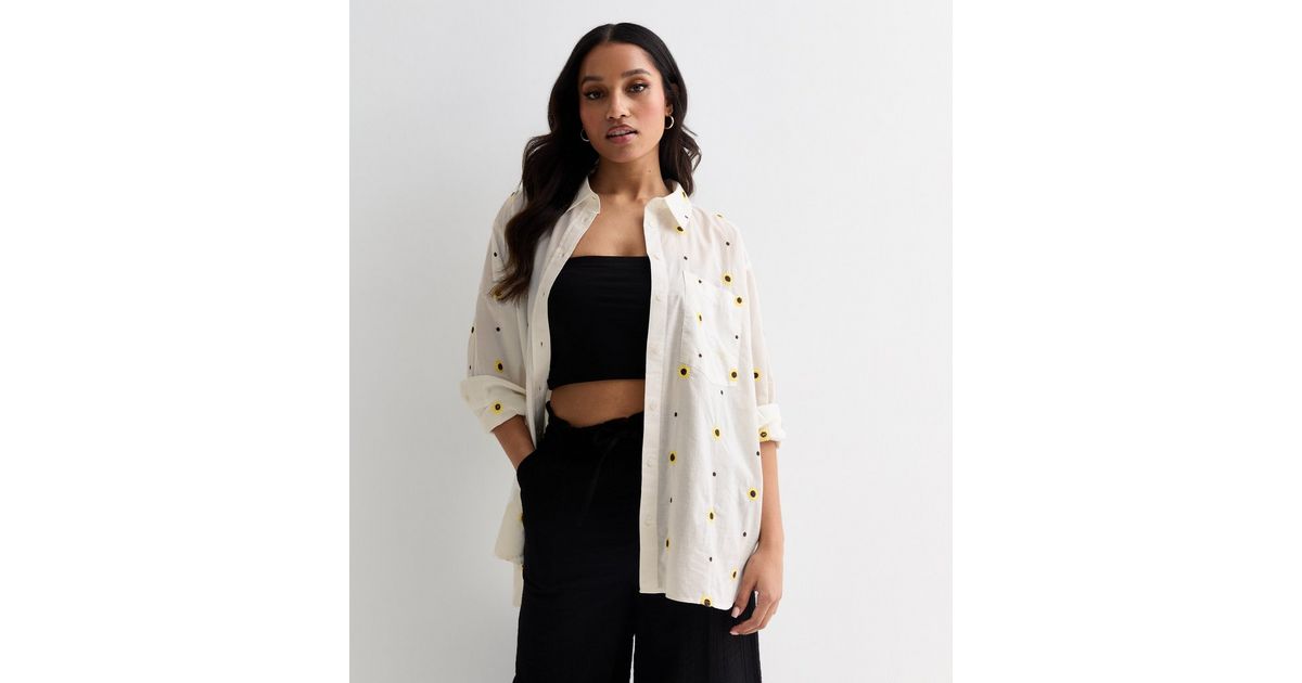 Women's Sunflower Long Sleeve T-Shirt - Casual Trendy Blouse For Summer 2023 (White, Large)