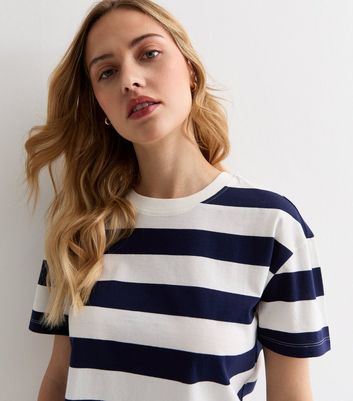 Blue Stripe Boxy Cropped Cotton T-Shirt New Look