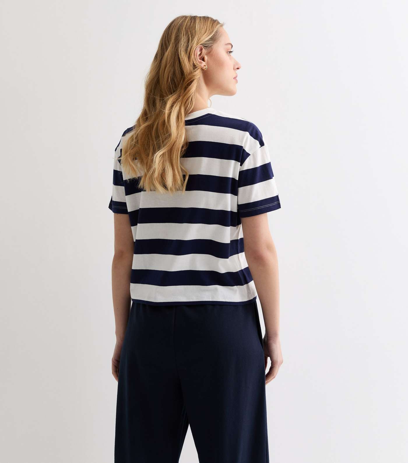 Blue Stripe Boxy Cropped Cotton T-Shirt Image 4