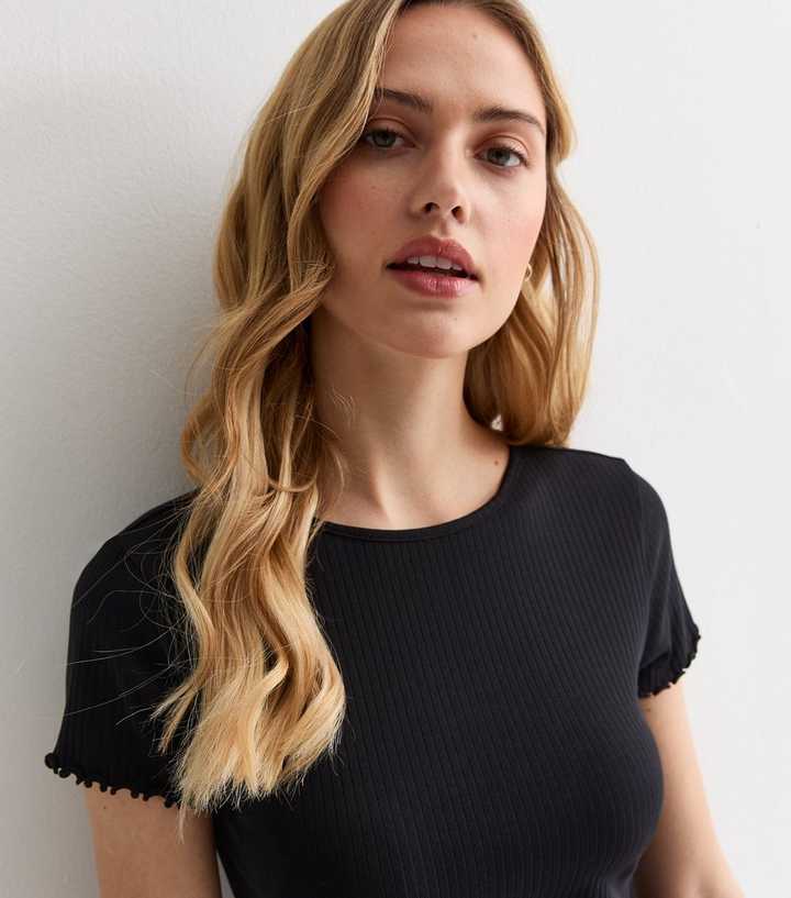 Black Soft Stretch-Cotton Frill-Trim T-Shirt