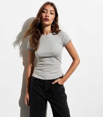 Grey Soft Stretch-Cotton Frill-Trim T-Shirt