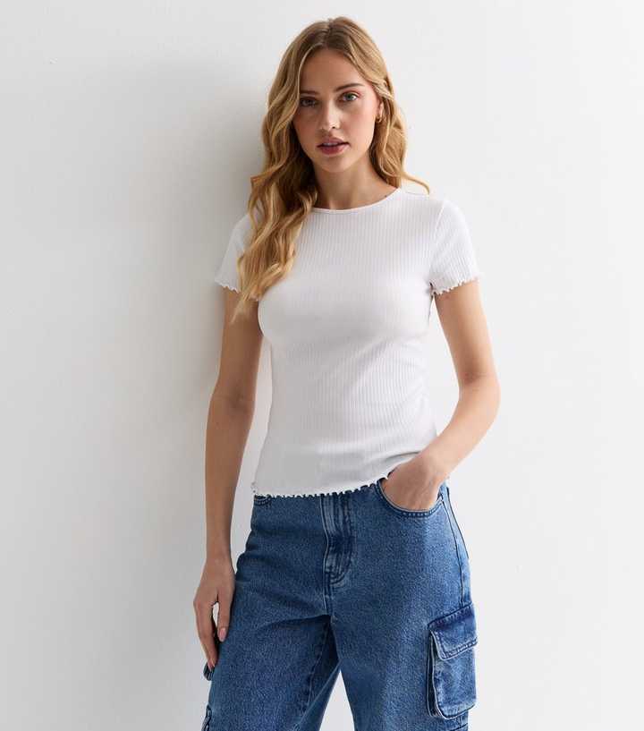 White Soft Stretch-Cotton Frill-Trim T-Shirt