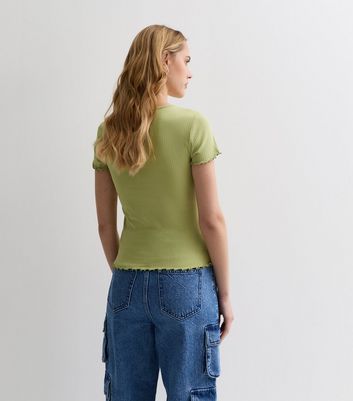 Green Ribbed Frill Sleeve T-Shirt New Look
