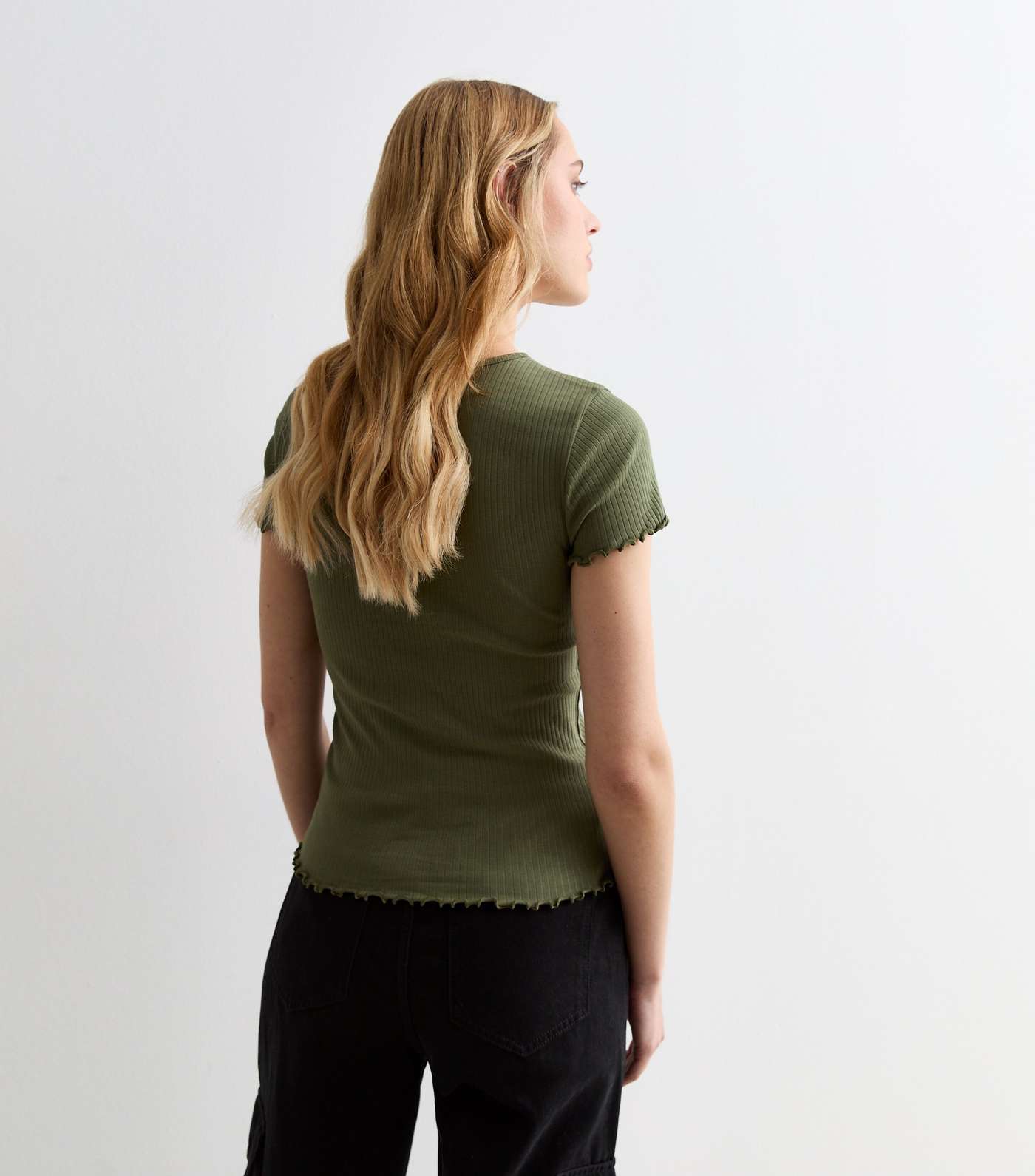 Khaki Ribbed Frill Sleeve T-Shirt Image 4