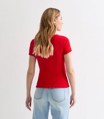 Red Ribbed Frill Sleeve T-Shirt New Look