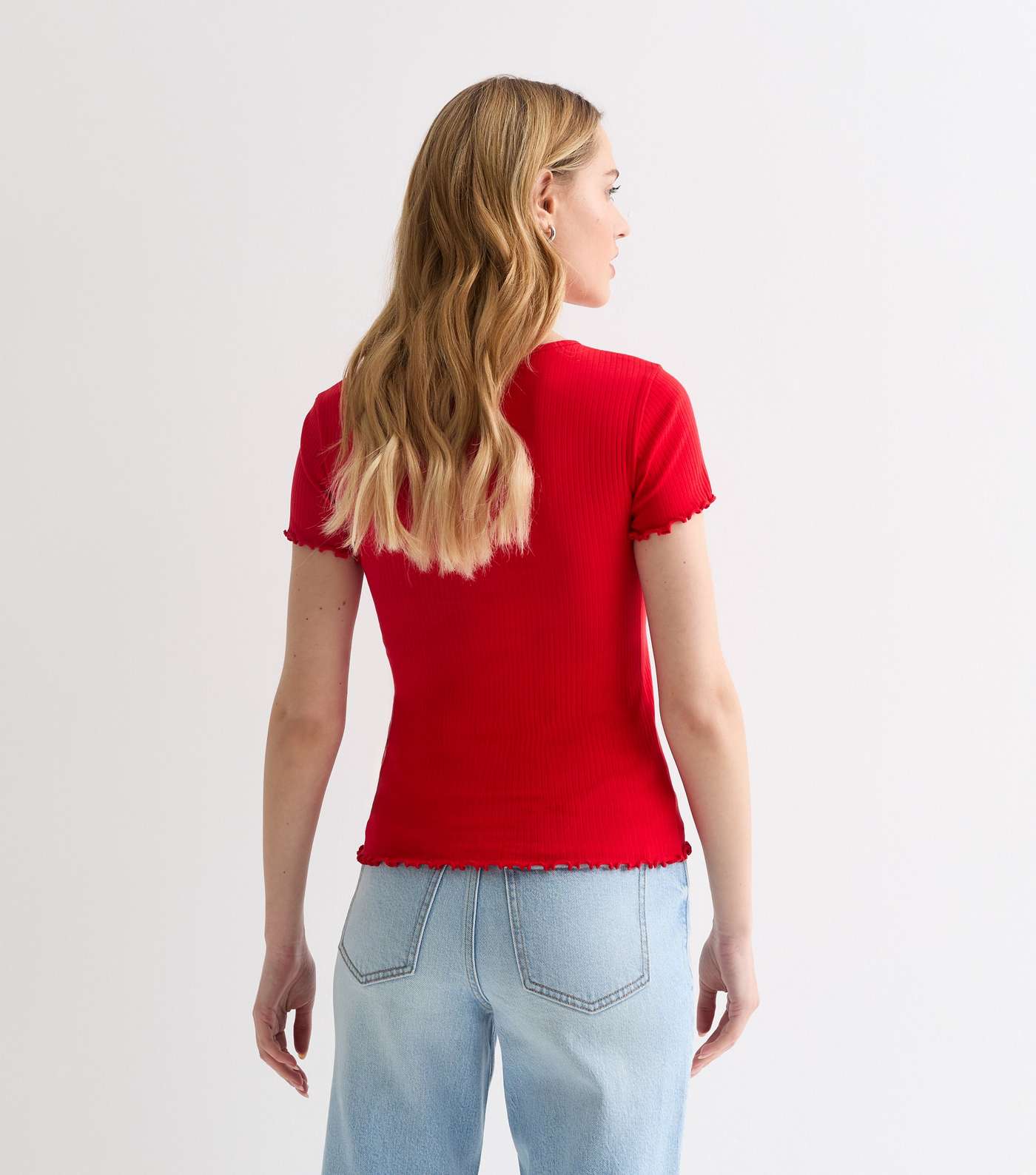Red Ribbed Frill Sleeve T-Shirt Image 4