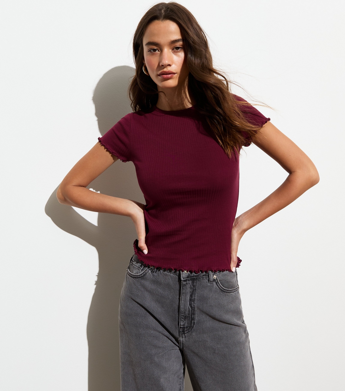 Women's Burgundy Soft Stretch-Cotton Frill-Trim T-Shirt New Look