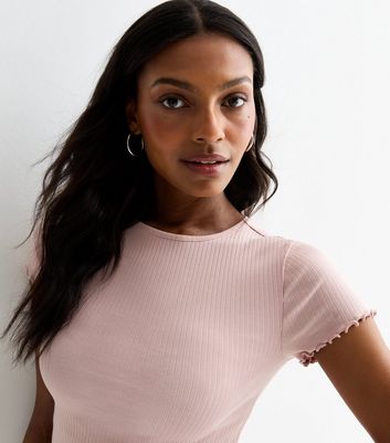 Pink Ribbed Frill Sleeve T-Shirt | New Look