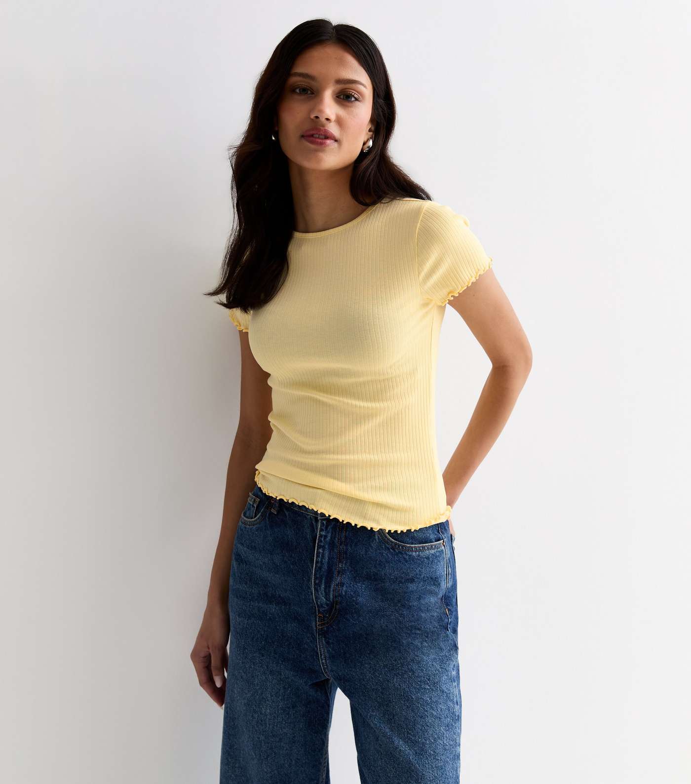 Pale Yellow Ribbed Frill Sleeve T-Shirt Image 2