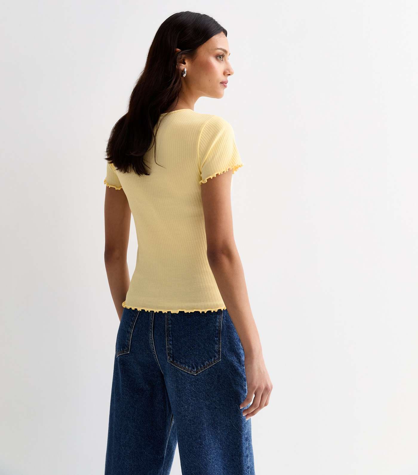 Pale Yellow Ribbed Frill Sleeve T-Shirt Image 4