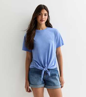 Blue Cotton Tie-Front T-Shirt