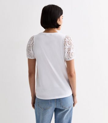 White Cotton Broderie Puff Sleeve Top New Look
