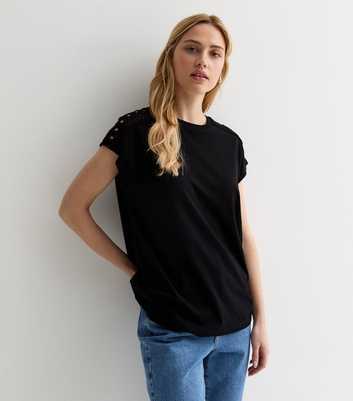 Black Cotton Crochet Trim T-Shirt
