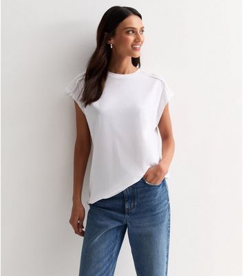 White Crochet-Trim Cotton T-Shirt New Look