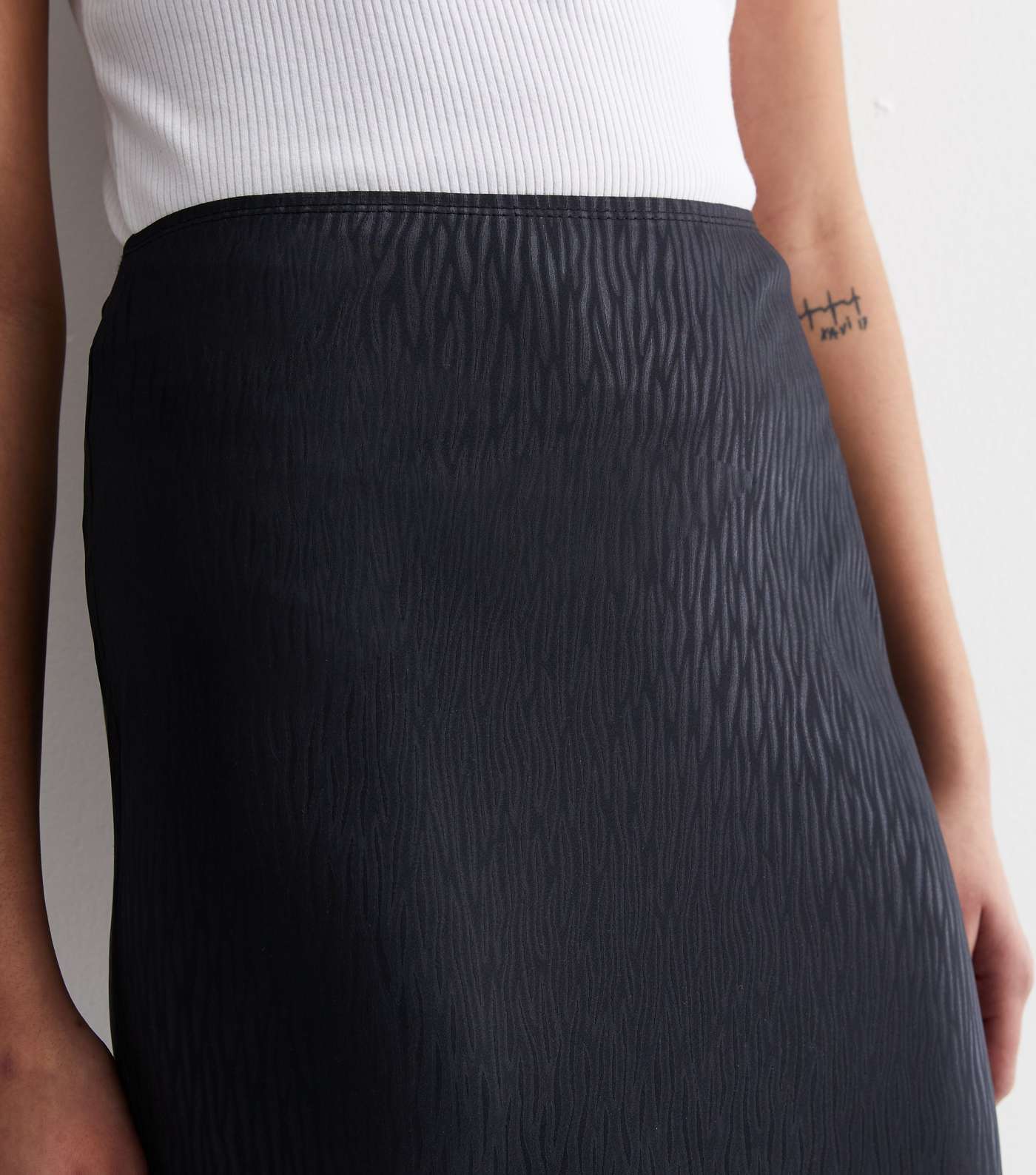 Tall Black Jacquard Satin Bias Cut Midi Skirt Image 2