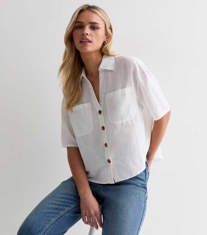 Petite Off White Linen Short Sleeve Shirt