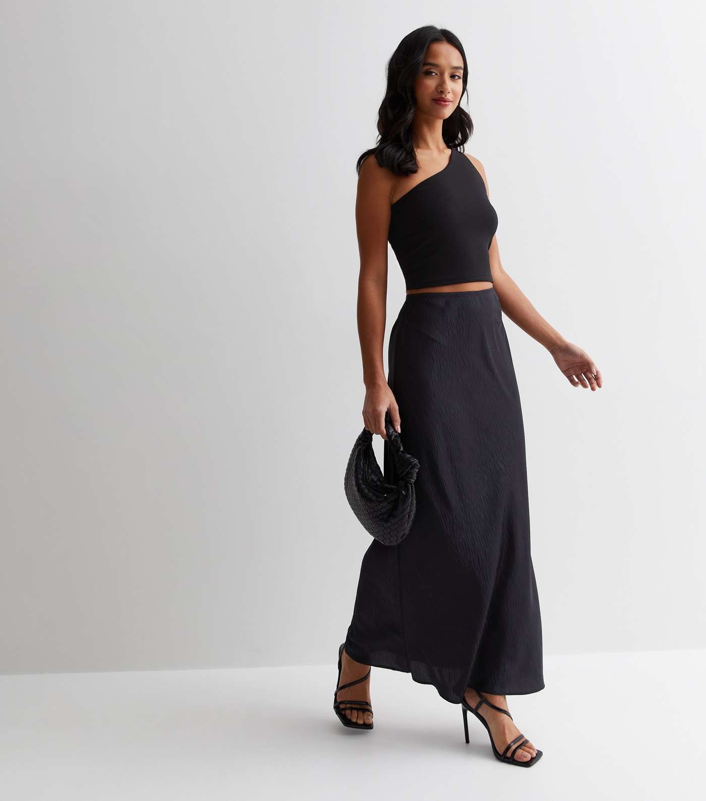 Petite Black Jacquard Satin Bias Cut Midi Skirt Image 3