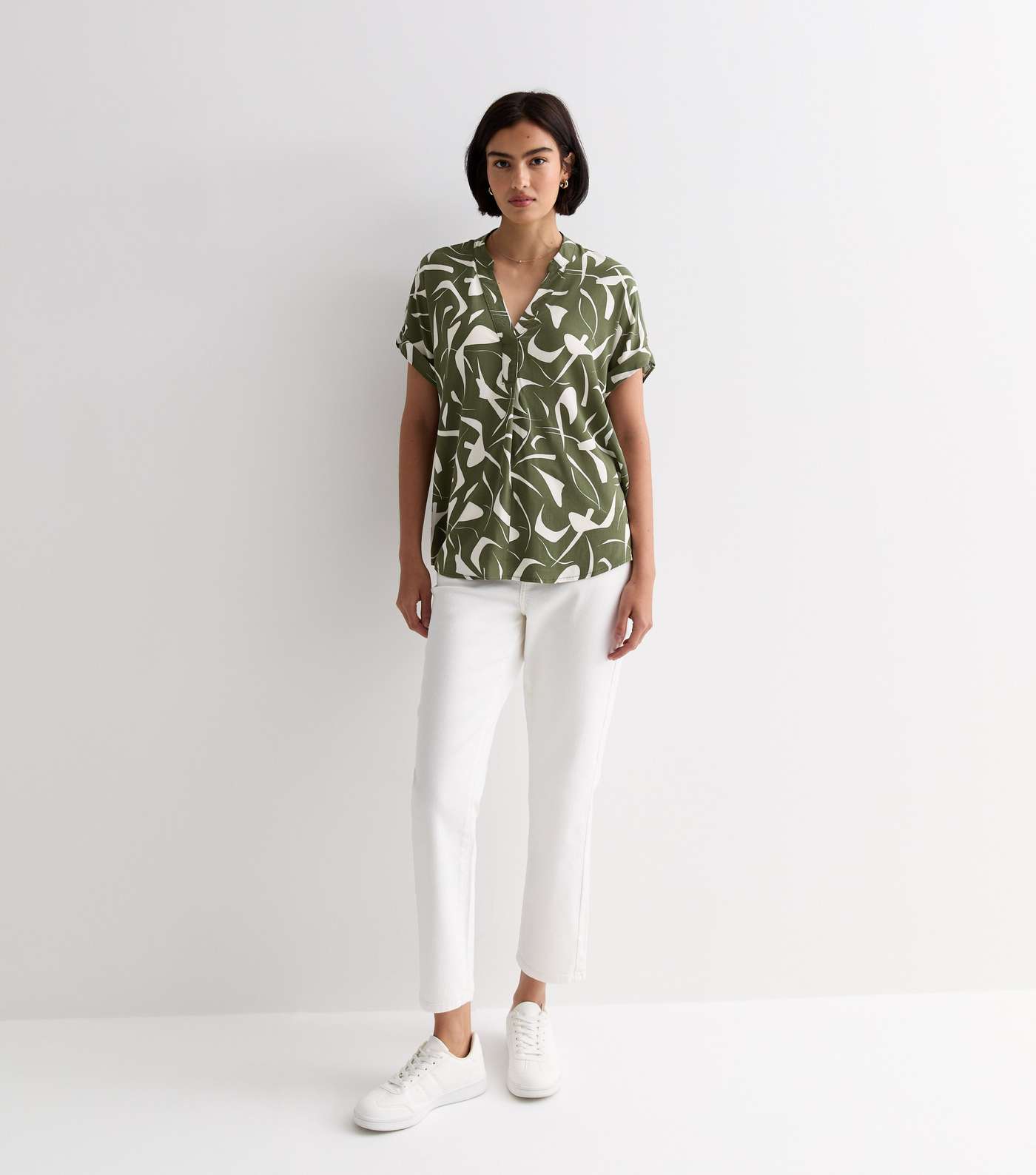 Green Abstract Print Roll Sleeve Top Image 3