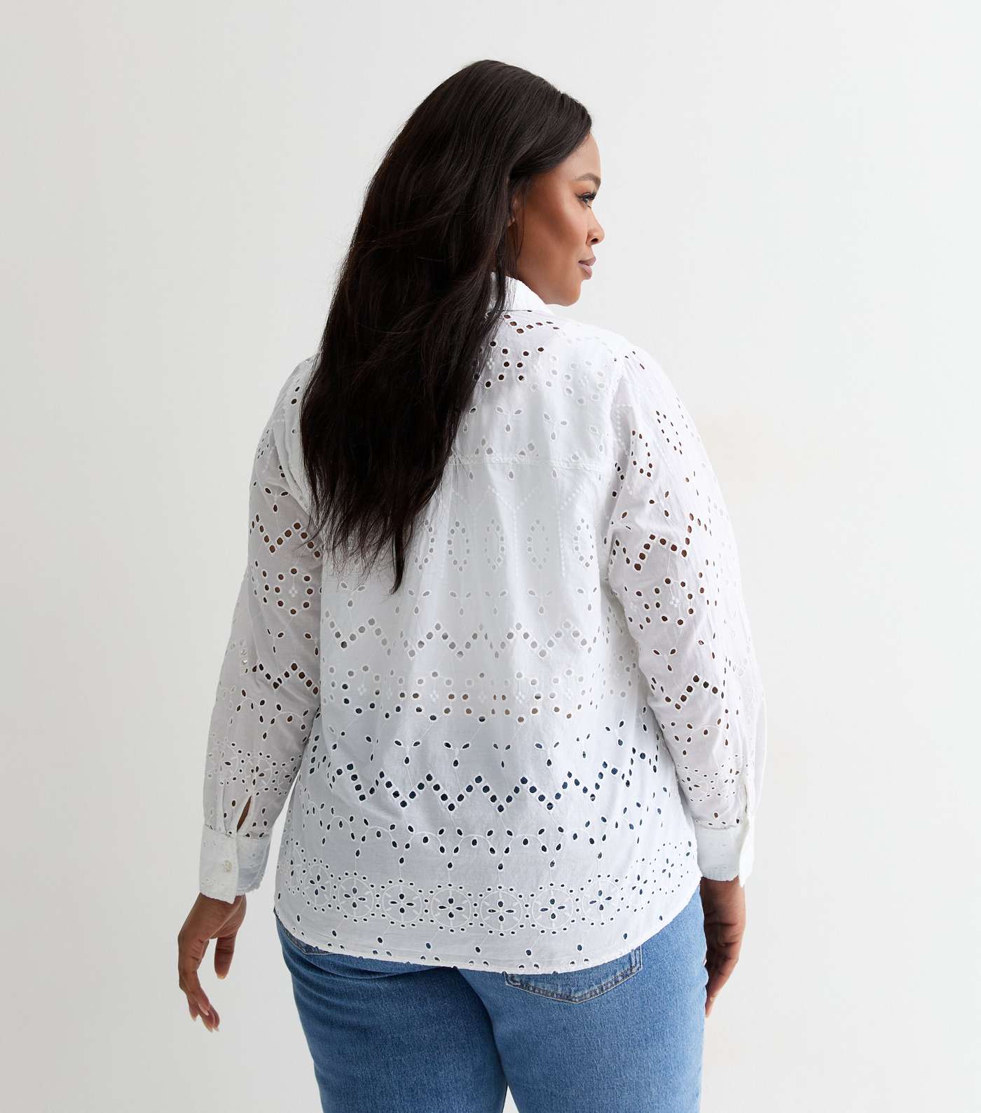 Curves White Cotton Embroidered Long Sleeve Shirt Image 4