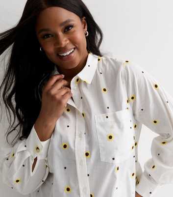 Curves White Cotton Sunflower Embroidered Long Sleeve Shirt