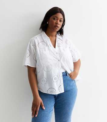 Curves White Cotton Broderie Short Sleeve Shirt
