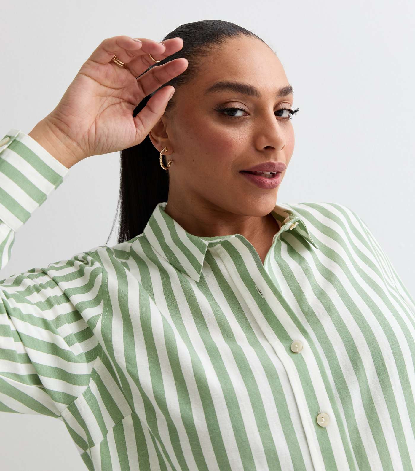 Curves Green Stripe Linen-Look Long Sleeve Shirt Image 3