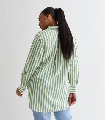 Curves Green Stripe Linen-Look Long Sleeve Shirt New Look
