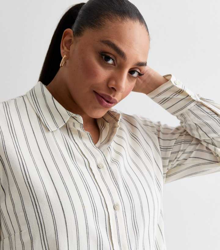 Curves Off White Pinstripe Long Sleeve Shirt