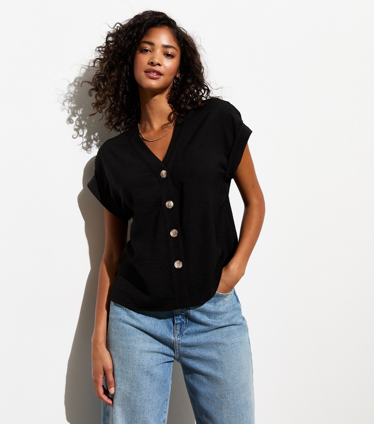 Women's Black Button Front Blouse New Look
