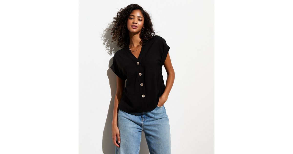 Black Button Front Blouse | New Look