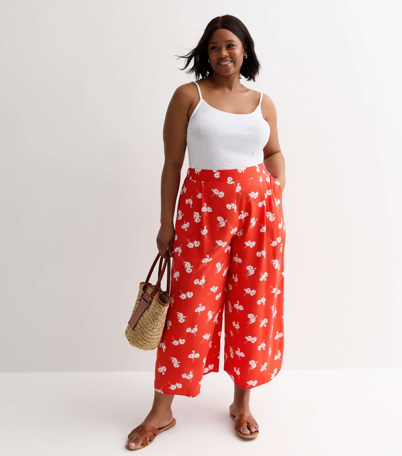 Curves Red Ditsy Floral Print Cropped Trousers